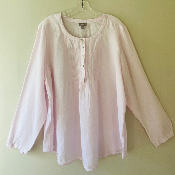 J.Jill Sz XL Love Linen Half Button Pleated Baby Pink Top Crew Neck Tunic Blouse - Picture 1 of 8